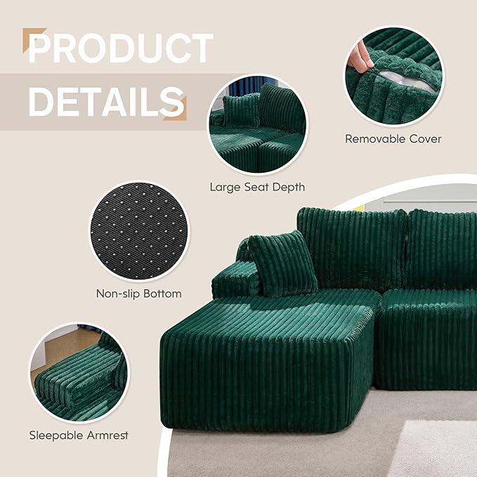 Hobestluk Modular Sectional Sofa Boneless Couch L-Shape Couch 3 Seat Modular Couch Memory Foam Sectional Couches for Living Room Furniture, Cloud Couch with Oversized Chaise (108" Left Facing Chaise)