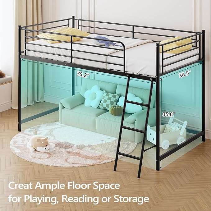 JOYMOR Low Loft Bed with Inclined Ladder, Metal Twin Size Bed Frame with 15” High Guardrail for Boys Girls, Junior, Space Saving, Mattress Not Included (Black)