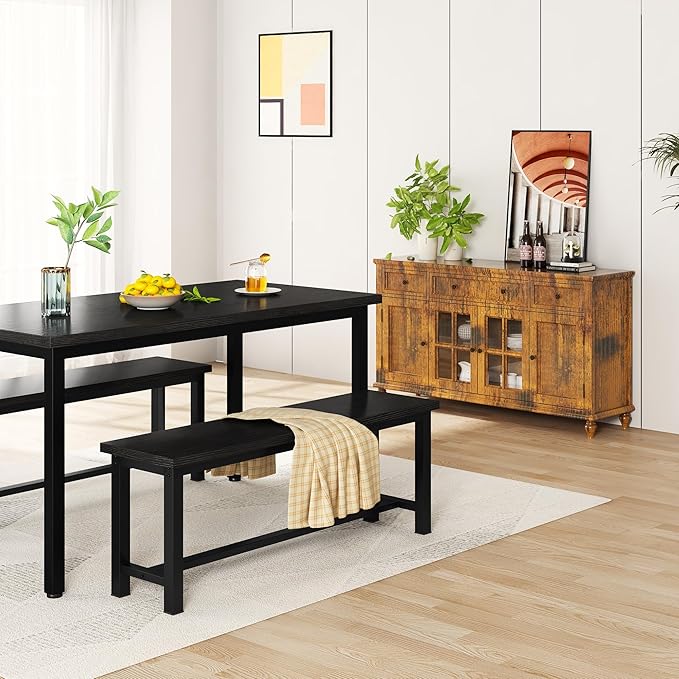 Recaceik Dining Benches, 39 Inch Table Benches, Pair of 2 Benches for Dining Room, Kitchen, Entryway, Bedroom, Industrial Small Bench Kitchen Bench with Metal Legs, Easy to Assemble, Black