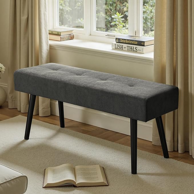 Comfy to go Entryway Bench - Grey Bench for Bedroom, Modern Ottoman End of Bed, Corduroy Padded Benches for Living Room, Foyer, Mudroom, Hallway - 39" L x 14" W x 17" H