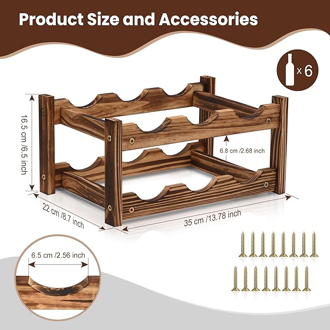 6-Bottle Wooden Wine Rack – 2-Tier Tabletop Countertop Space-Saving Wine Holder with Screwdriver Included, Easy Assembly Wine Storage Shelf for Kitchen, Bar, Pantry & Home Decor
