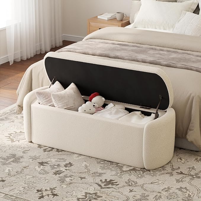 VKNOW 51" Storage Ottoman Bench, Upholstered End of Bed Bench with Smooth Hinges, Oval Large Ottoman Bench for Bedroom, Living Room and Hallway Entryway, Beige