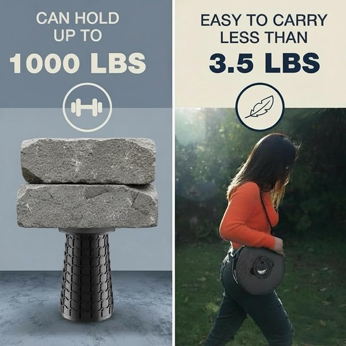 XXL Black Collapsible Stool, 19.7" Tall, 1000lbs Max Weight, Wider & Taller Pop Up Seat, Heavy Duty Portable Retractable Folding Chair, Gift for Camping & Outdoors