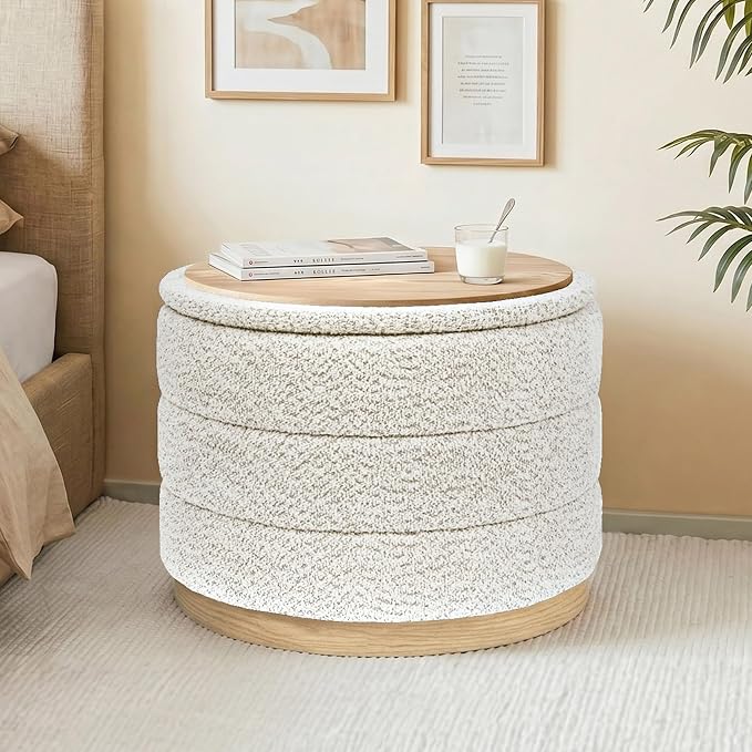 Round Storage Ottoman with Tray Lid, Folding Chenille Fabric Footrest with Hidden Storage, 22.8" Large Footstool Side Table for Dorm Living Room Bedroom, Wood Grain Base, Cream White