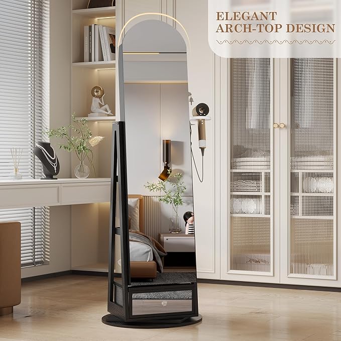 LVSOMT 64" H Arched LED Mirror Jewelry Cabinet Standing, 360° Swivel Full-Length Mirror with Storage, Lockable Jewelry Organizer with Inner Makeup Shelf, Gift for Women, Black