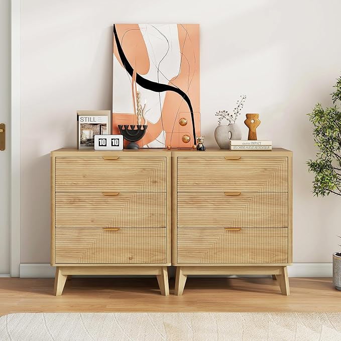 3 Drawer Fluted Nightstand for Bedroom, Modern Wood Night Stand with Curved Profile, Fluted Dresser & Wood Drawer Organizer for Bedroom and Hallway