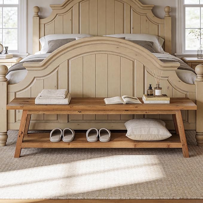 63” Wood Dining Room Bench, Farmhouse Kitchen Bench with Storage Shelf, Solid Wood Rusit Backless Bench for Dining Table, Extra Long Seating for Kitchen Room