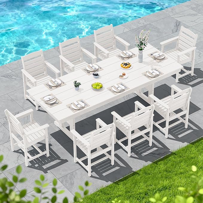 SERWALL Outdoor Large HDPE Dining Table, 84" Rectangular Dining Table for 6-8 Person, All Weather HDPE Outdoor Furniture for Backyard, Garden, White