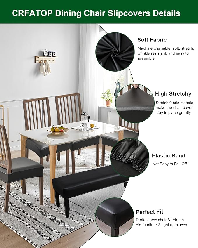 CRFATOP Waterproof 4pcs PU Dining Chairs Seat Covers with Soft Bench Chair Cover Stretch Kitchen Chair Slipcover Washable Seat Cushion Slipcover Protector for Hotel Ceremony Banquet Wedding,Black
