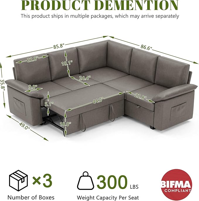 85 Inch Faux Leather Modular Sectional Sofa with Pull Out Bed, L Shaped 5 Seat Sectional Sleeper Sofa with Storage, Sectional Couches for Living Room, Cloud Modular Couch,Gray Leather