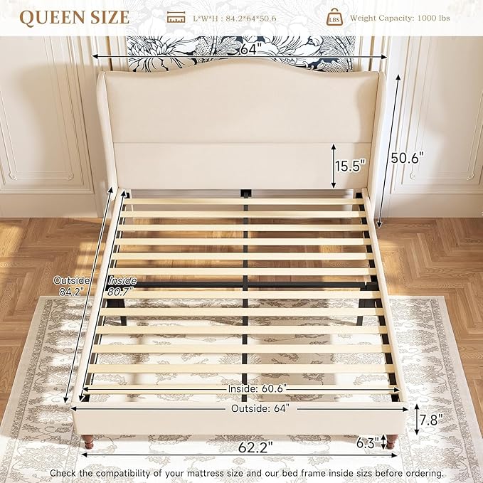 koorlian Queen Size Bed Frame Upholstered Platform Bed with 51" Tall Headboard Wingback, Soft Fabric, Retro Simple Style Platform Bed No Box Spring Needed, Easy Assembly, Beige