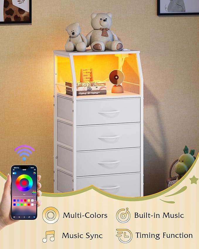 WLIVE LED Nightstand with Charging Station, White Dresser with 5 Fabric Drawers for Bedroom, Tall Night Stand with Open Shelves, Bed Side Tables Living Room