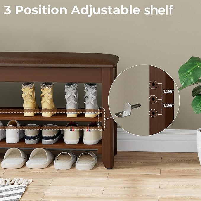 Homleke Shoe Rack Bench with Flip-Top Storage, Solid Wood Entryway Bench with Cushion, Adjustable Shelf, for Hallway, Mudroom, Closet – Walnut, 31.5"