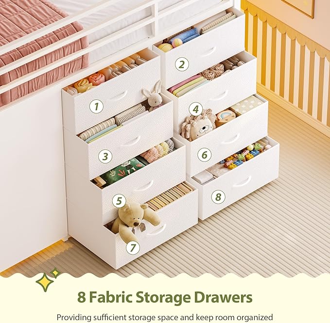 UPOSOJA Full Over Twin Bunk Bed with 8 Fabric Drawers, RGB LED Lights & Under-Bed Play Zone – F Over T Low Loft Bed with Soft Padded 2-Step Ladder, Space-Saving Bed for Kids, Teens (White, Full)