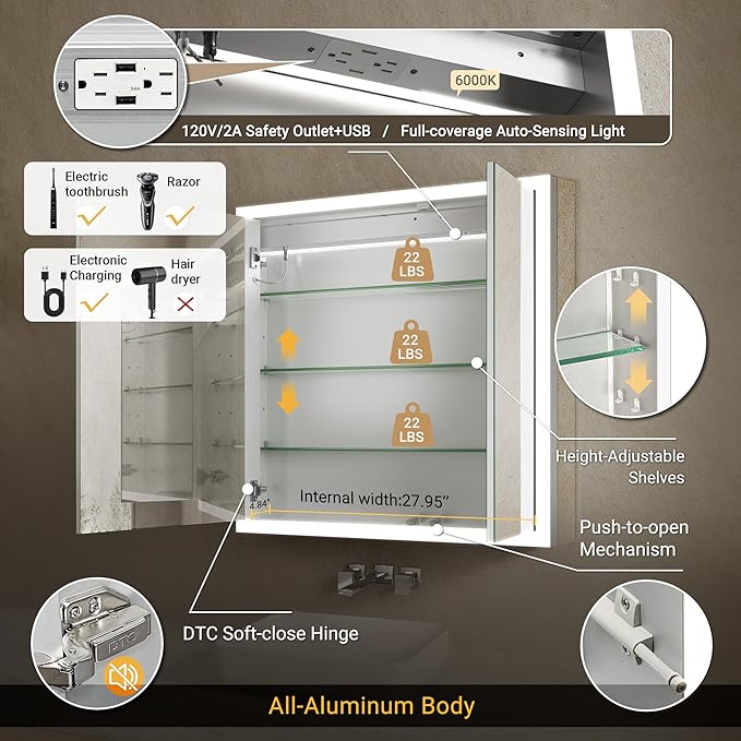 30x32 Lighted Medicine Cabinet with Mirror & Clock -Surface or Recessed Aluminum Medicine Cabinet with Dimmable Light & Outlet, Anti-Fog, Built-in Sensing Light, Assembly-Free