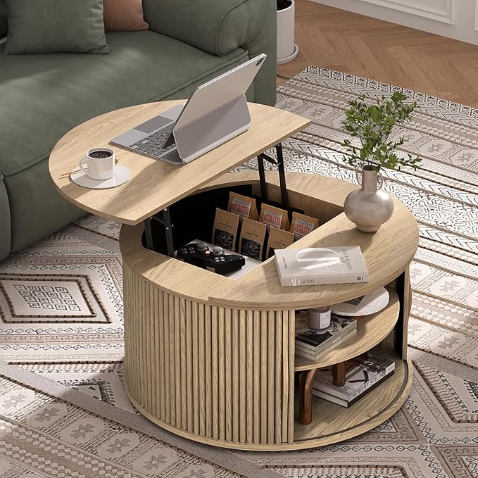 JOINICE 31.5" Round Lift Top Coffee Table,Natural Oak Modern Fluted Drum Center Table with Hidden Storage, Japandi Scandi Wood Circle Desk for Boho Living Room & Apartment