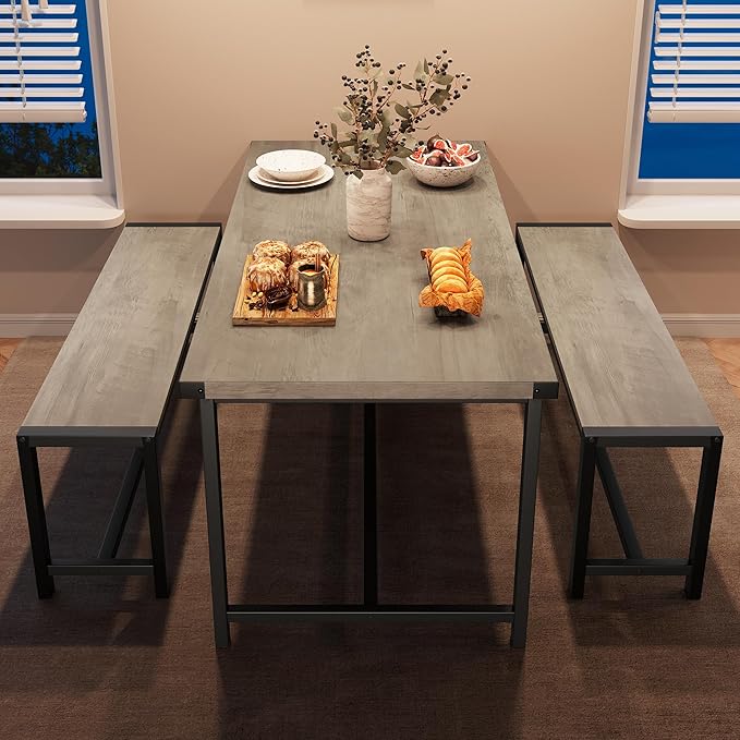 IDEALHOUSE Dining Table Set for 4, Kitchen Table with Benches, Rectangular Dining Room Table Set with 2 Metal Wood Benches, 3 Piece Dining Table Set for Small Space, Apartment, Dinette, Retro Gray