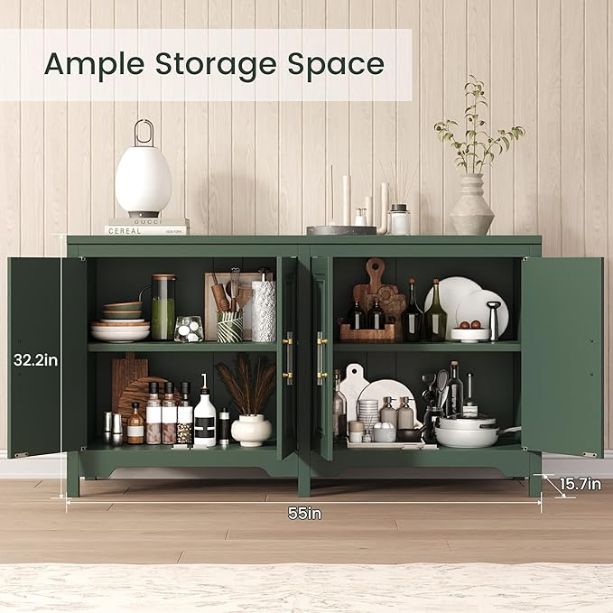 Jocoevol 55" Buffet Cabinet with Storage, Modern Fluted Door Design Sideboard Buffet Cabinet with Adjustable Shelf, Coffee Bar Station for Kitchen Living Room Green