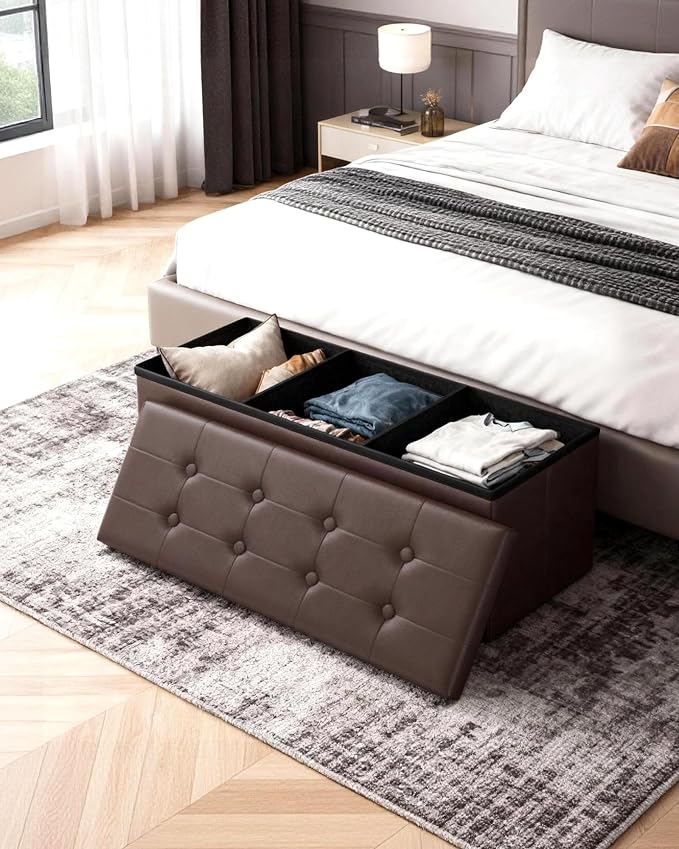 LITZFUR 43 Inches Folding Storage Ottoman Bench, PU Leather Storage Chest, Footrest Padded Seat for Bedroom and Hallway, Holds up to 660 lbs, Brown
