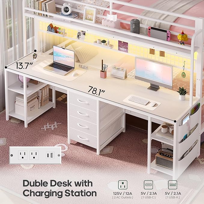 ADORNEVE Bunk Bed Twin Over Twin with 2 Person Desk, LED Lights Twin Bunk Bed with 4 Drawers,Storage Rack, 4 Shelves and Power Outles,Metal Twin Bunk Beds with Guardrail for Kids/Teens Bedroom, White