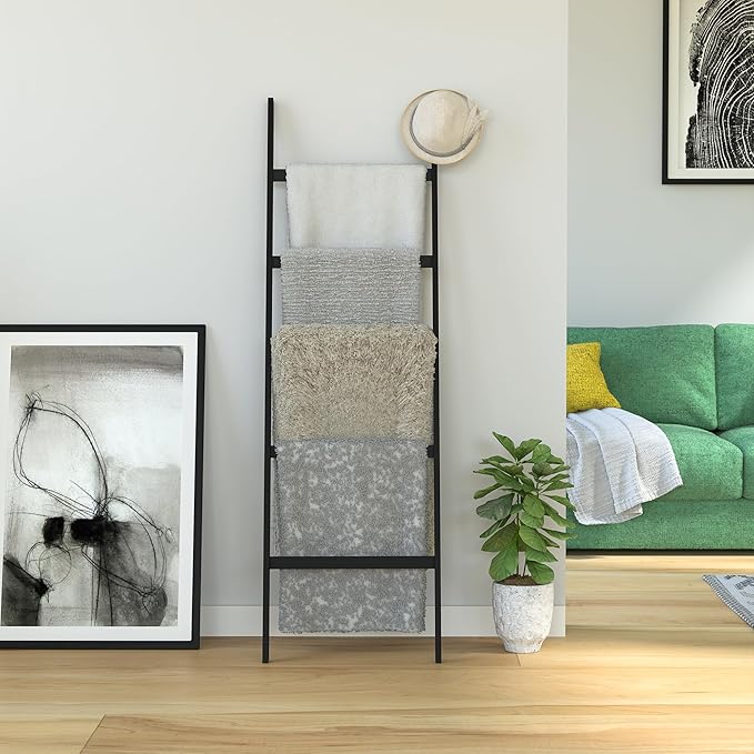 WTZ Bamboo Blanket Ladder, 5-Layer Towel Racks, Blanket Holder with Anti-Slip Construction Home Decor, Decorative Blanket, Quilt, Towel, Scarf Ladder Shelves for Livingroom, Bedroom, Bathroom, Black