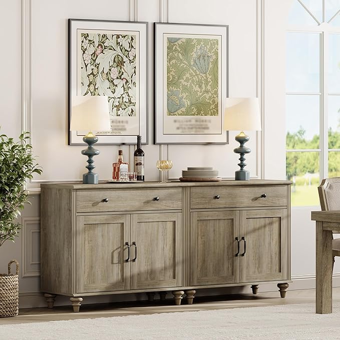 WAMAPT Buffet Cabinet with 4 Doors and 2 Drawers, Large Coffee Bar Table Wood Kitchen Storage Cabinets with Storage Cabinets, Modern Farmhouse Sideboard Credenza for Dining Room, Wash Grey, 68 inch