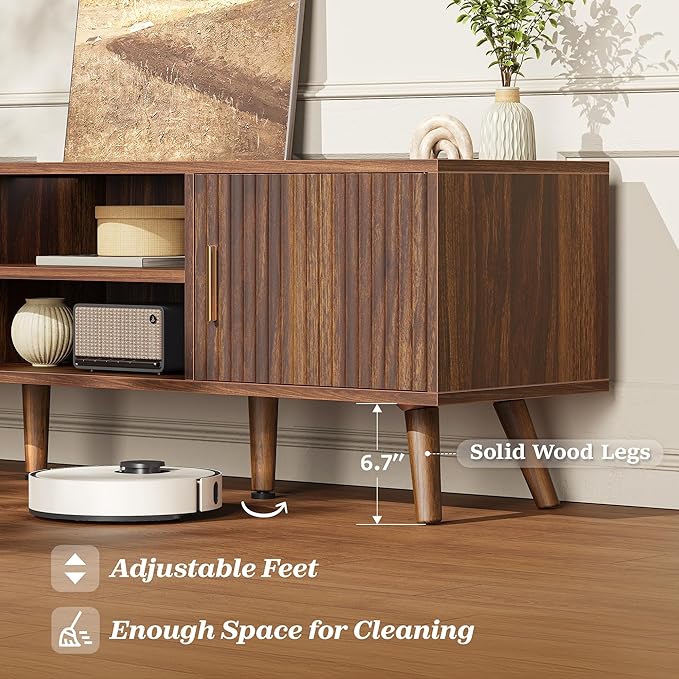 SUPERJARE TV Stand for 55 Inch TV, Entertainment Center with Adjustable Shelf, 2 Cabinets, TV Console Table, Media Console, Solid Wood Feet, Cord Holes, for Living Room, Bedroom, Walnut