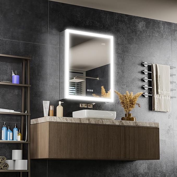 Lighted Medicine Cabinet with Mirror & Clock -24x30 Surface or Recessed Aluminum Medicine Cabinet with Dimmable Light & Outlet, Anti-Fog, Built-in Sensing Light, Assembly-Free