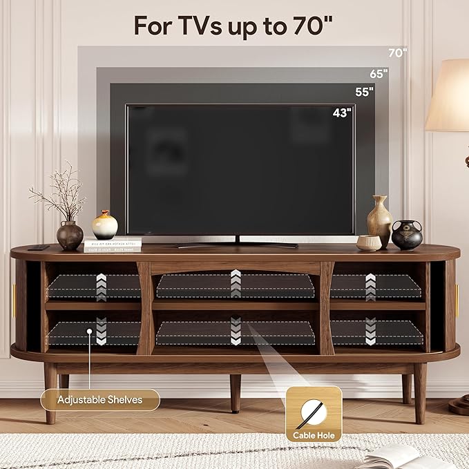 Decofy Mid Century TV Stand for TVs up to 70 Inches, Entertainment Center with Storage, Power Outlet, Fluted Sliding Doors & Adjustable Shelves, Modern Media TV Console Table for Living Room (Walnut)