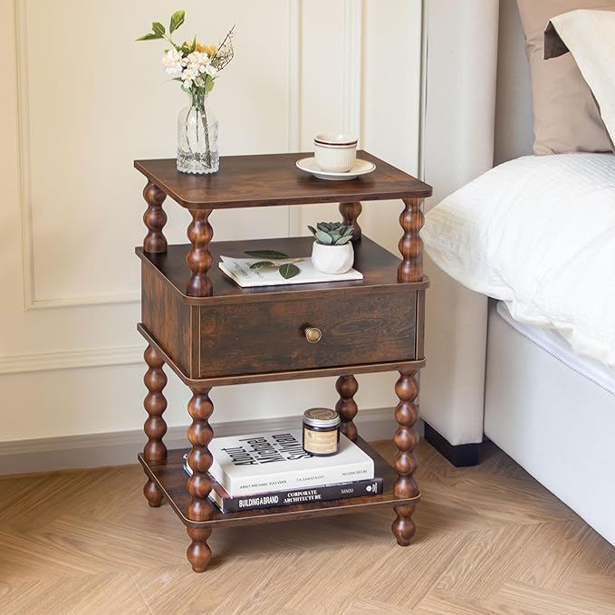 AWASEN Night Stand, Bed Side Table Bedroom with Drawer, 3-Tier Small Nightstand End Table with Storage for Small Spaces &Solid Wood Spindle Legs, Rustic Brown
