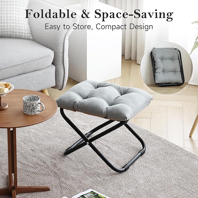 Welnow Folding Foot Stool, Upholstered Small Accent Ottoman with Detachable Thick Cotton Cushion, Padded Sofa Stool with Straight Metal Legs for Lazy Chair, Living Room, Bedroom, Light Grey