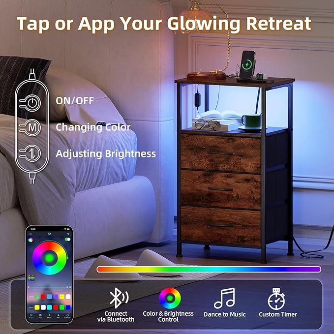 Somdot Tall Nightstand with Charging Station and LED Light for Bedroom, 3 Drawers Dresser with Fabric Bins for Bedside Kids Dorm Room Closet Laundry Entryway, Wood Grain Print