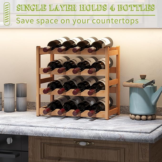 BMOSU Bamboo Wine Rack Wine Storage Cabinet Shelf 16 Bottle Wine Racks Countertop Sturdy for Kitchen Dining Room Pantry - 4 Tiers Wine Rack(Natural)