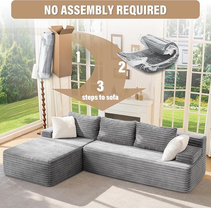 Hobestluk Modular Sectional Sofa Boneless Couch L-Shape Couch 3 Seat Modular Couch Memory Foam Sectional Couches for Living Room Furniture, Cloud Couch with Chaise Lounge (96" Left Facing Chaise)