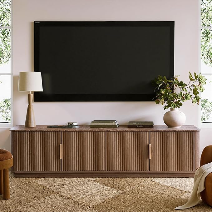 win2win 67" TV Stand for 80 Inch TV, Mid Century Modern Fluted Entertainment Center with Faux Marble Top, Curved Corners, Minimalist Media Console with Storage for Living Room Bedroom, Walnut