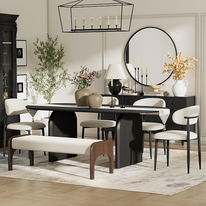 6-Piece Mid-Century Modern Dining Table Set, 63" Black Rectangular Table with 2 Dining Chairs & Bench, Dining & Kitchen Room Set for 6, Space-Saving Rustic Dining Set, Beige