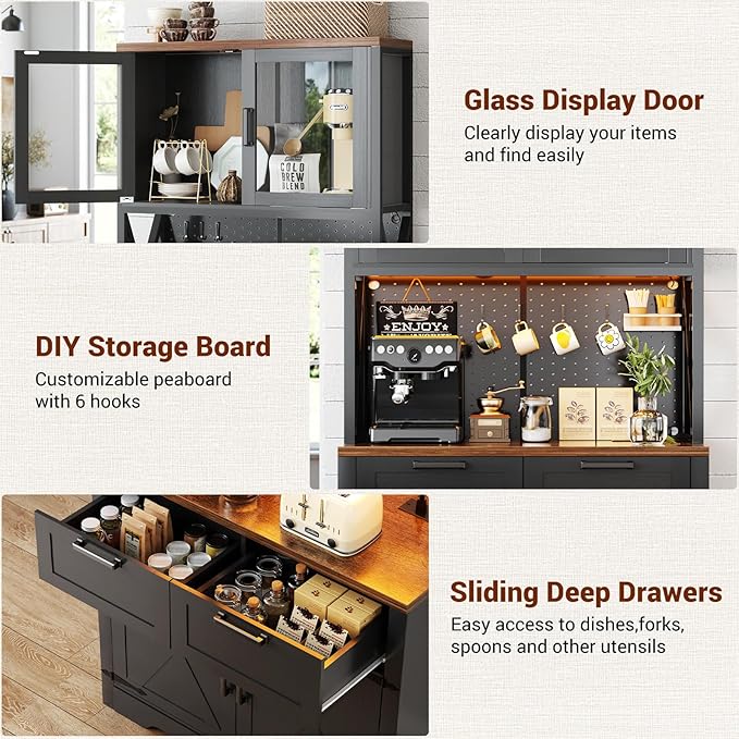 Unikito 71" Pantry Cabinet with LED Light & Outlet, Tall Kitchen Pantry Storage Cabinet with Microwave Stand, DIY Pegboard, Drawer and Adjustable shelf, Kitchen Hutch for Dining Room, Black and Rustic