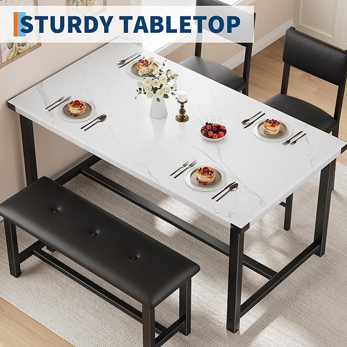 GarveeHome Dining Table Set for 4, Kitchen Table with 2 Upholstered Chairs and Bench, Wood Kitchen Dining Room Set, for Small Space, Apartment, Home, Kitchen, Marble White