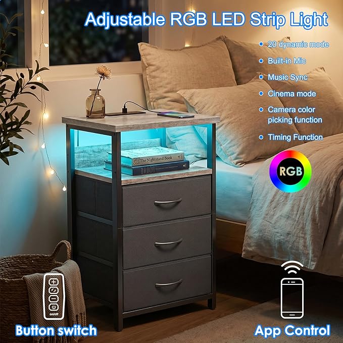 Fixwal Night Stand with Charging Station, LED Nightstand with Fabric Drawers, End Table with PU Finish, Bed Side Table, French Oak