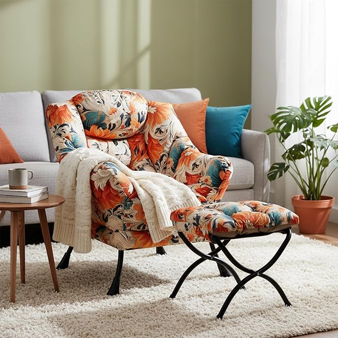 Welnow Lazy Chair with Ottoman, Modern Accent Chair with Armrests and a Side Pocket, Leisure Sofa Armchair Set, Reading Armchair with Footrest for Small Space, Orange Blue