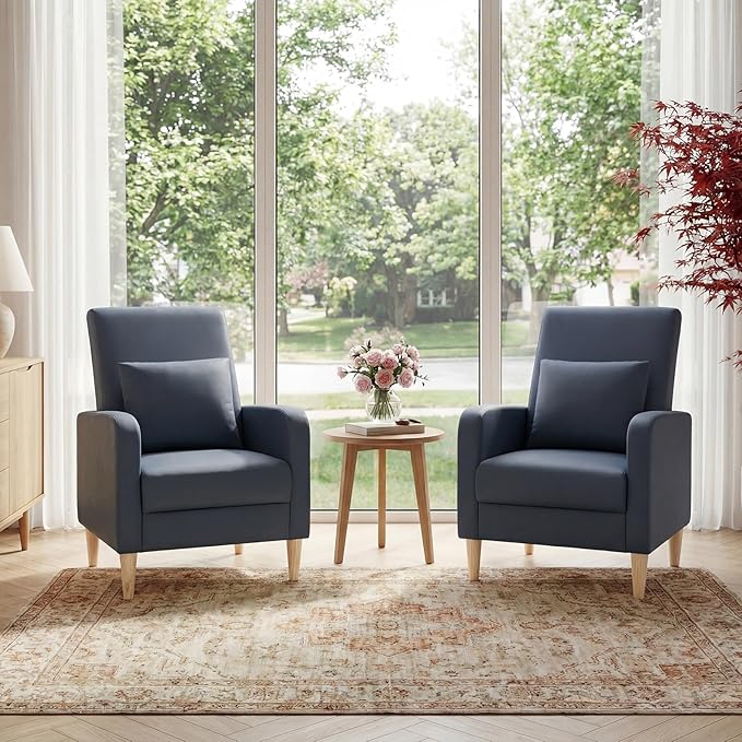 COLAMY Mid-Century Modern Upholstered Accent Chair with Back Pillow & Solid Wood Legs, Leather Cozy Armchair for Living Room, Bedroom, Reading Nook, Apartment & Small Spaces, Blue