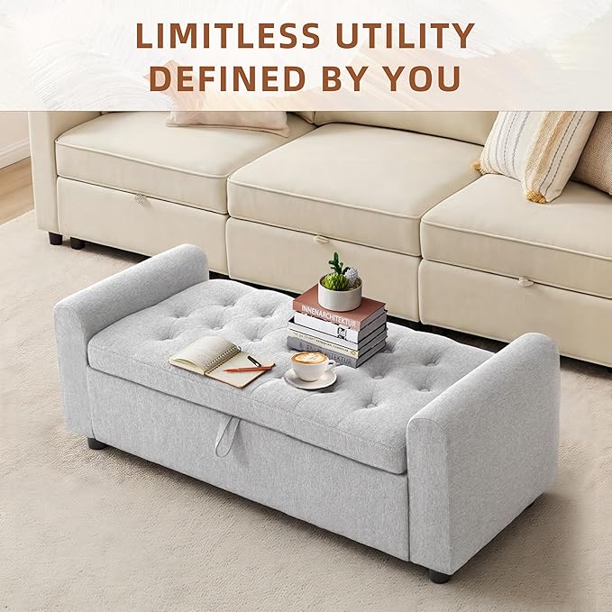 48" Ottoman with Storage, Tufted Storage Ottoman Bench, Convenient Living Room Fabrics Bench Seat, Entryway Shoe Benches with Inner Zipper & Arm, Rivetless Upholstered Window Seat Ottomans, Light Grey