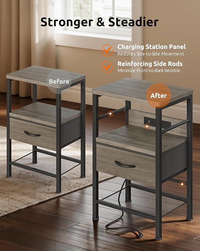 Lazzanto Nightstands Set of 2 with Charging Station, Bedside Tables with Open Shelf & Hooks, End Tables with USB-C USB-A Ports AC Outlets, Night Stand for Bedroom with Fabric Drawer, Grey