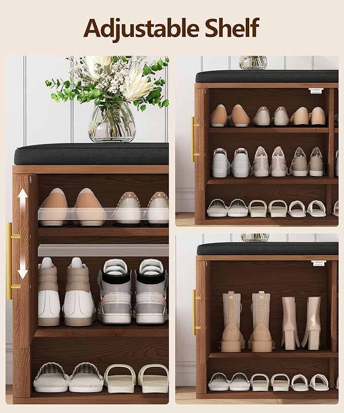 Fluted Shoe Storage Bench with Cushion, Entryway Bench with Adjustable Shelves and Open Bottom Shelf, 3-Tier Hidden Shoe Cabinet Storage for Entryway, Hallway, Living Room, Bedroom, Walnut