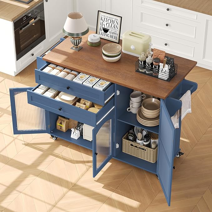 FINETONES Kitchen Island with Storage, Rolling Kitchen Island on Wheels with Wood Drop Leaf Countertop, Island Table Bar Cart with Spice Towel Rack Portable Kitchen Table Kitchen Carts on Wheels, Blue