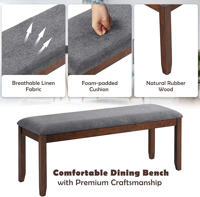 Giantex 2-Pack Dining Room Bench with Upholstered Padded Seat, Wood Bench for Bedroom, End of Bed, Entryway, Kitchen, 47.5” x 15.5” x 19.5” Ottoman, Indoor Rubber Bench Seat, Grey