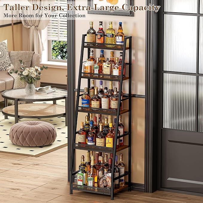 5-Tier Trapezoid Liquor Stand for Home Bar, Large-Capacity Liquor Cabinet Bar for Home, Stepped Wine Rack Freestanding Floor for Whiskey, Corner Wine Bottle Display Shelf with Fences for Living Room