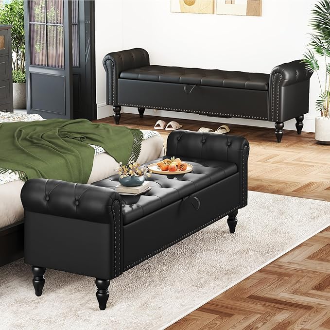 Furniliving 63” End of Bed Bench, Bedroom Bench with Button-Tufted, Upholstered King Storage Ottoman Benches Queen Entryway Bench with Storage Shoe Cabinet Bench, for Bedroom, Black