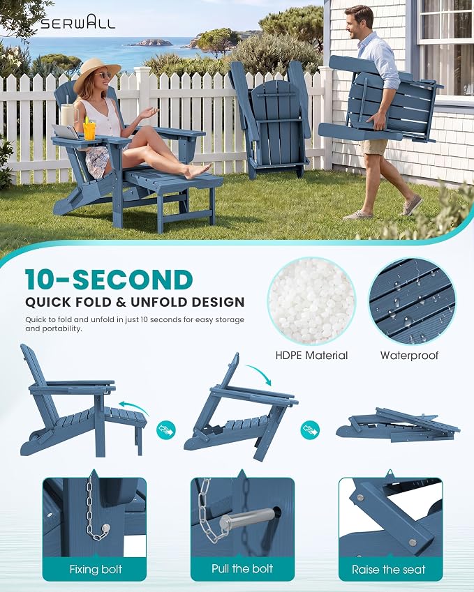 SERWALL Folding Adjustable Adirondack Chairs with Footrest Set of 2, HDPE Outdoor Chair with 4-in-1 Cup Holders, All Weather Adirondack Chair with Ottoman, Blue