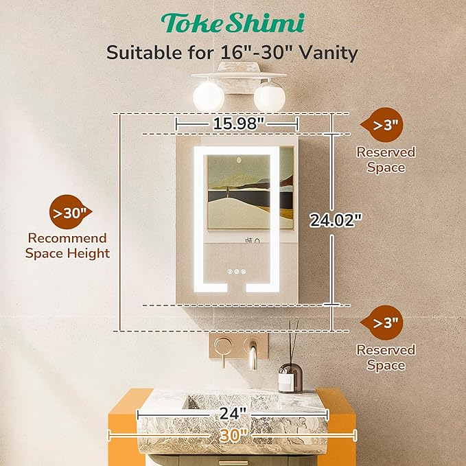 TokeShimi 16x24 Led Medicine Cabinet with Lights 3 Colors Dimmable, Lighted Medicine Cabinet Mirror with Outlet and Defogger,2-Side Front Lit Bathroom Mirror with Storage, Surface Mount or Recessed
